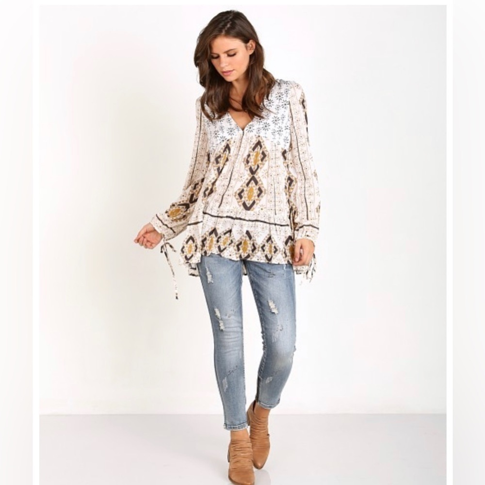 Free People 60's Down by the Bay Tunic Ivory Combo Size Medium